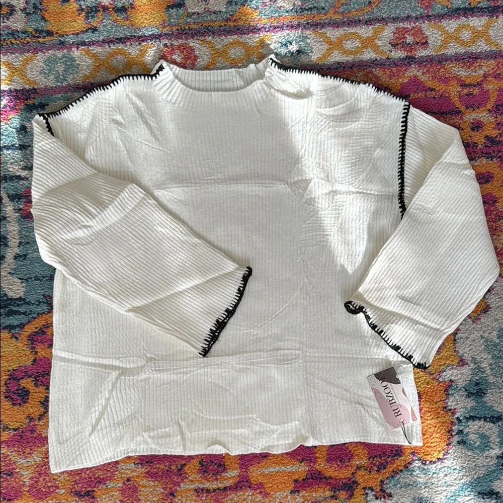 Women's Rubzoof White Sweater with Black Trim - Picture 5 of 11